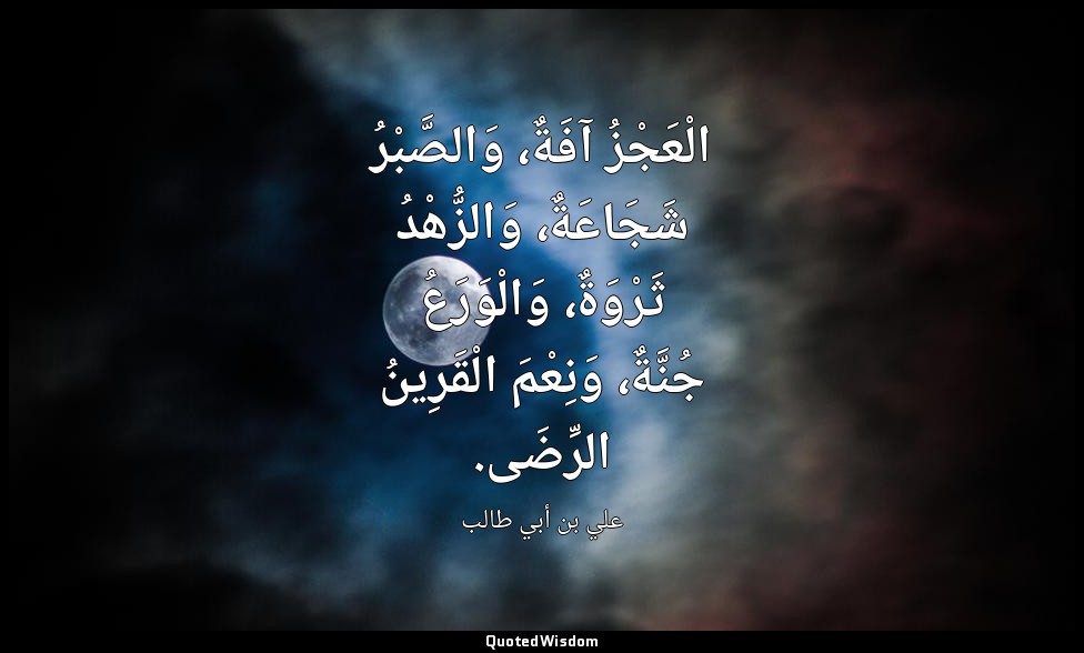 الْعَجْزُ آفَةٌ، وَالصَّبْرُ شَجَاعَةٌ، وَالزُّهْدُ ثَرْوَةٌ، وَالْوَرَعُ جُنَّة — علي بن أبي طالب