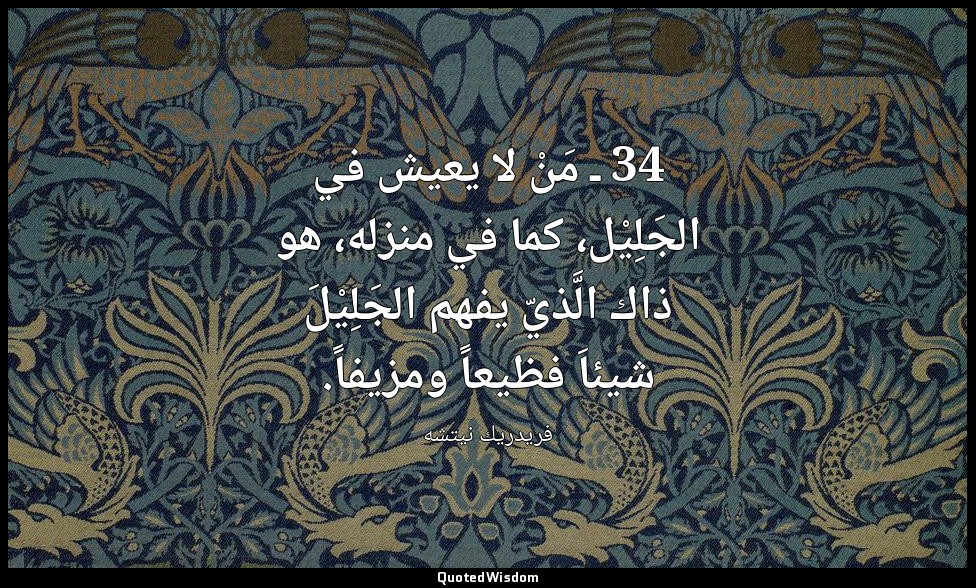34 ـ مَنْ لا يعيش في الجَلِيْل، كما في منزله، هو ذاك الَّذيّ يفهم الجَلِيْلَ شيئ — فريدريك نيتشه