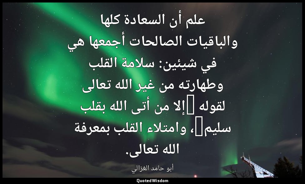 علم أن السعادة كلها والباقيات الصالحات أجمعها هي في شيئين: سلامة القلب وطهارته م — أبو حامد الغزالي
