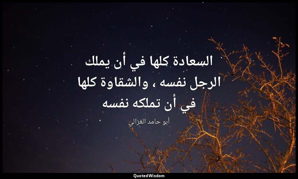 السعادة كلها في أن يملك الرجل نفسه ، والشقاوة كلها في أن تملكه نفسه — أبو حامد الغزالي