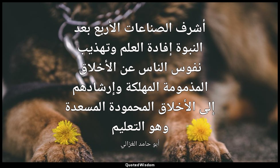 أشرف الصناعات الأربع بعد النبوة إفادة العلم وتهذيب نفوس الناس عن الأخلاق المذموم — أبو حامد الغزالي