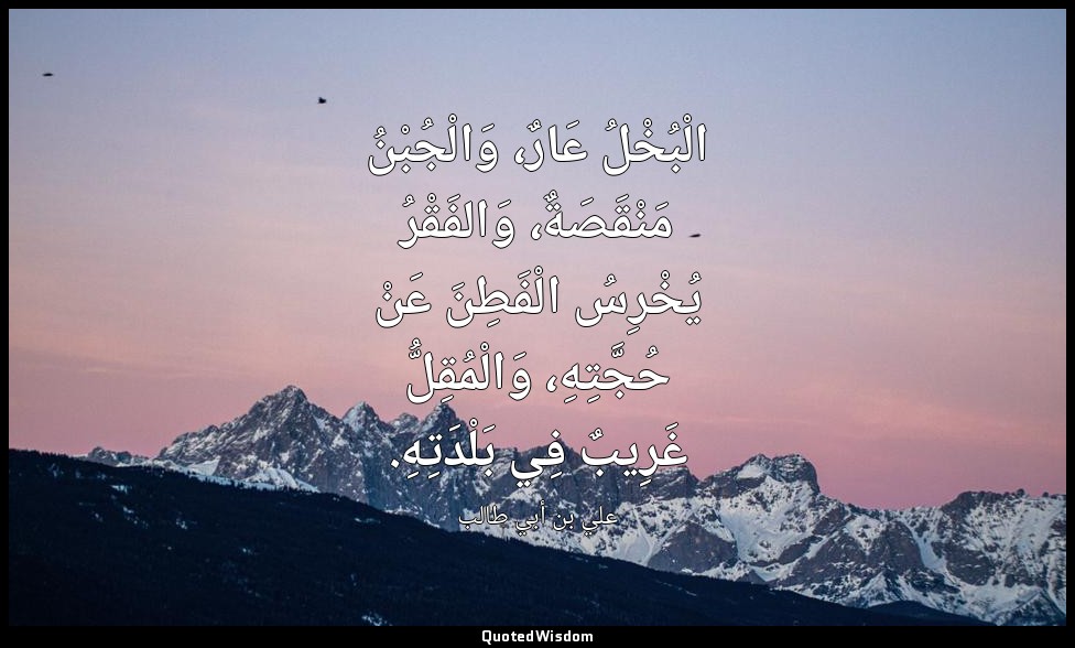 الْبُخْلُ عَارٌ، وَالْجُبْنُ مَنْقَصَةٌ، وَالفَقْرُ يُخْرِسُ الْفَطِنَ عَنْ حُجَ — علي بن أبي طالب