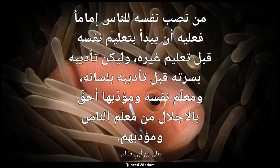 من نصب نفسه للناس إماماً فعليه أن يبدأ بتعليم نفسه قبل تعليم غيره، وليكن تأديبه  — علي بن أبي طالب