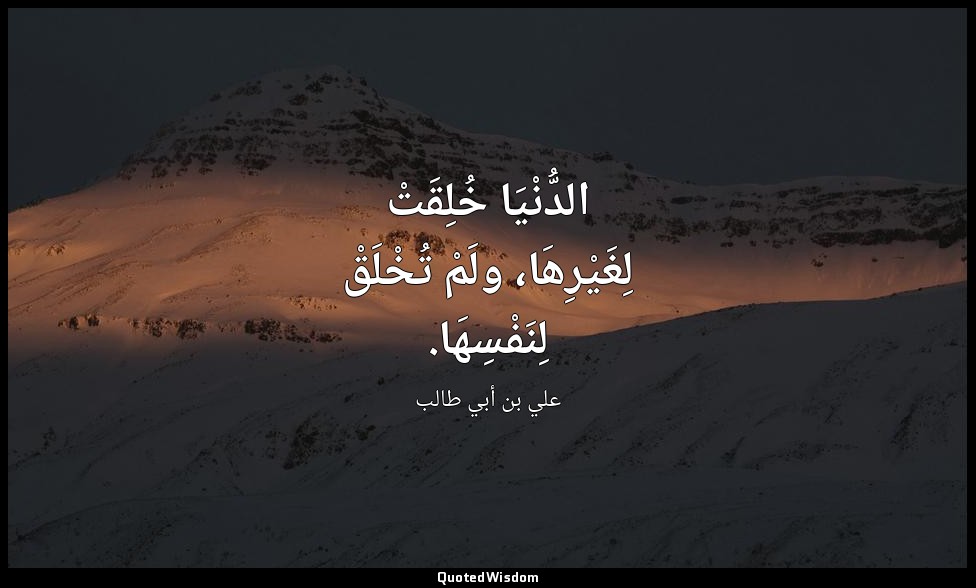 الدُّنْيَا خُلِقَتْ لِغَيْرِهَا، ولَمْ تُخْلَقْ لِنَفْسِهَا. — علي بن أبي طالب
