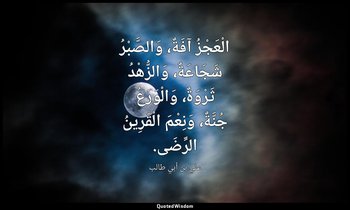 الْعَجْزُ آفَةٌ، وَالصَّبْرُ شَجَاعَةٌ، وَالزُّهْدُ ثَرْوَةٌ، وَالْوَرَعُ جُنَّة — علي بن أبي طالب