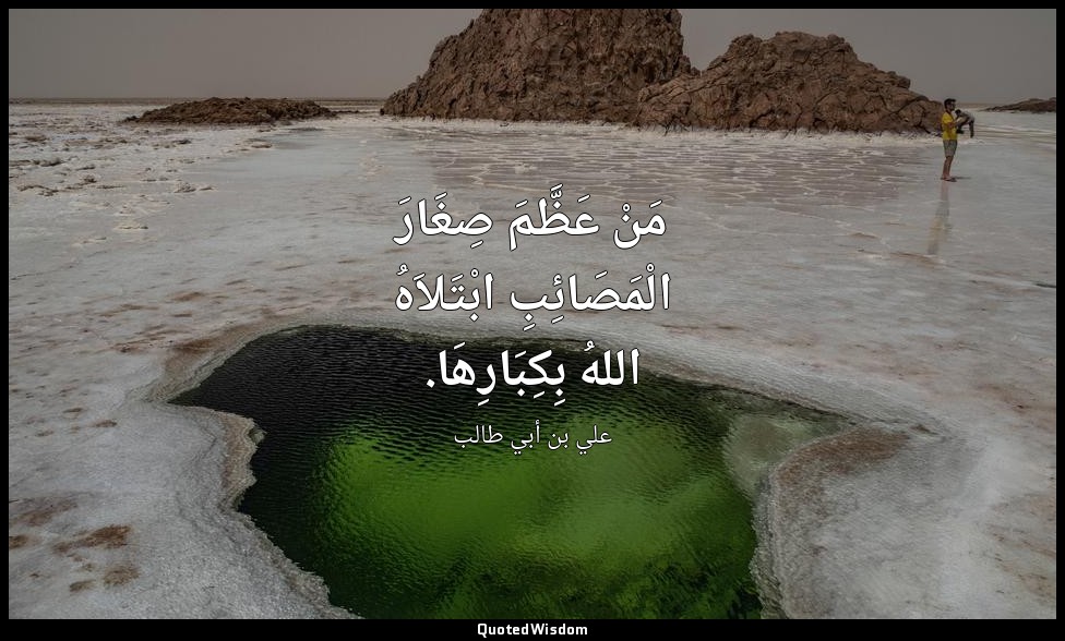 مَنْ عَظَّمَ صِغَارَ الْمَصَائِبِ ابْتَلاَهُ اللهُ بِكِبَارِهَا. — علي بن أبي طالب