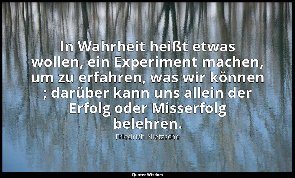 "In Wahrheit heißt etwas wollen, ein Experiment machen, um zu erfahren, was wir  — Friedrich Nietzsche