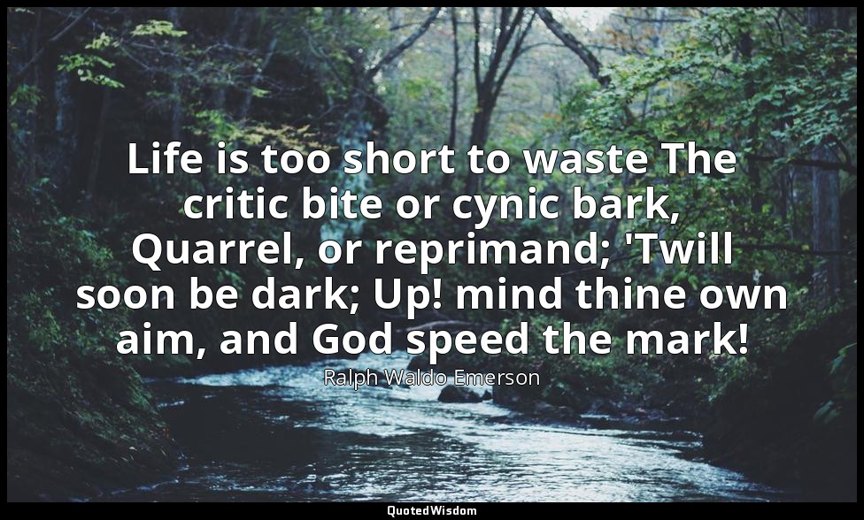 Life is too short to waste The critic bite or cynic bark, Quarrel, or reprimand; — Ralph Waldo Emerson