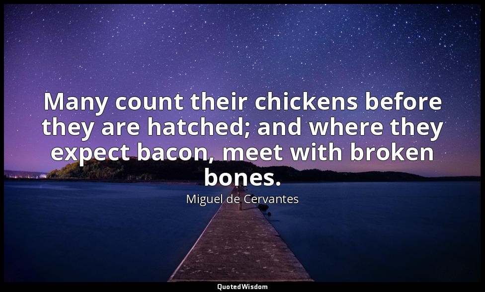 Many count their chickens before they are hatched; and where they expect bacon,  — Miguel de Cervantes
