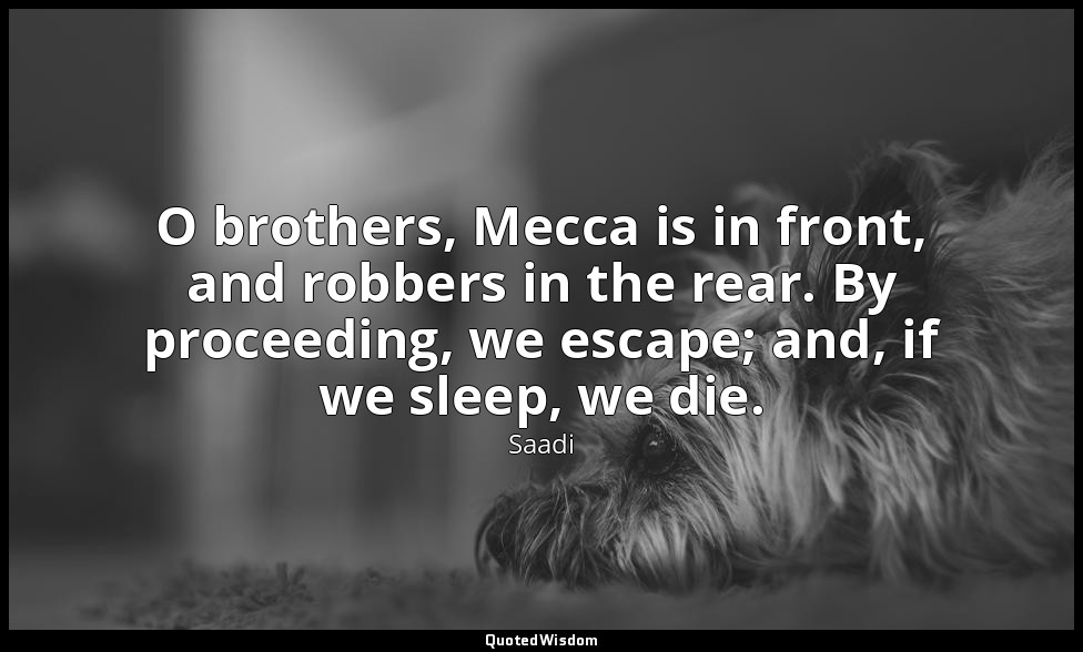 O brothers, Mecca is in front, and robbers in the rear. By proceeding, we escape — Saadi