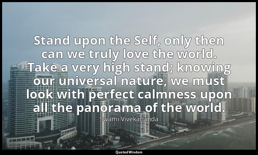 Stand upon the Self, only then can we truly love the world. Take a very high sta — Swami Vivekananda