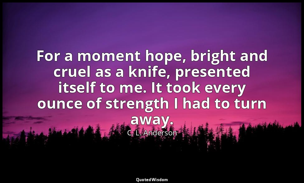 For a moment hope, bright and cruel as a knife, presented itself to me. It took  — C. L. Anderson