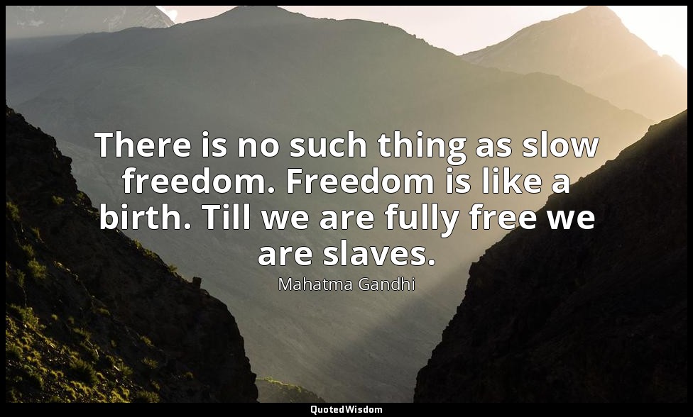 There is no such thing as slow freedom. Freedom is like a birth. Till we are ful — Mahatma Gandhi