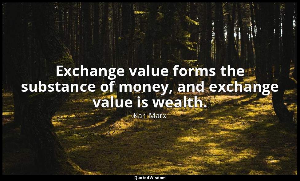 Exchange value forms the substance of money, and exchange value is wealth. — Karl Marx