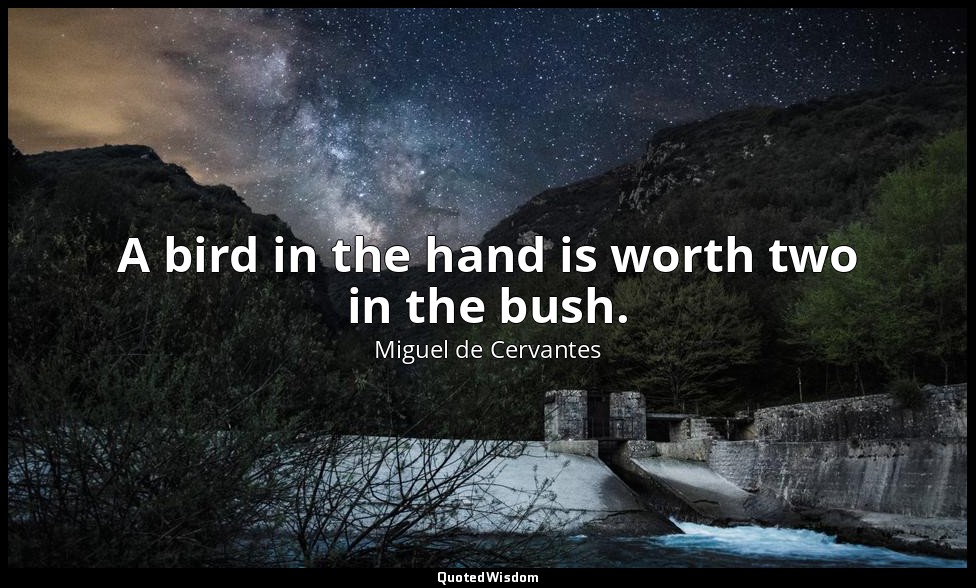 A bird in the hand is worth two in the bush. — Miguel de Cervantes