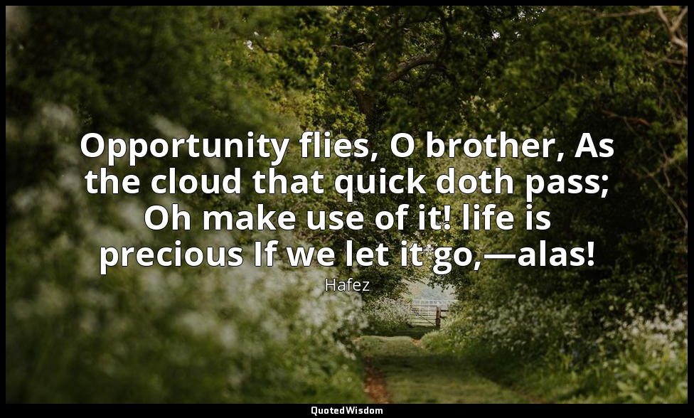 Opportunity flies, O brother, As the cloud that quick doth pass; Oh make use of  — Hafez
