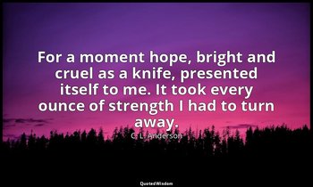 For a moment hope, bright and cruel as a knife, presented itself to me. It took  — C. L. Anderson