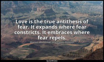 Love is the true antithesis of fear. It expands where fear constricts. It embrac — Marion Woodman and Elinor Dickson