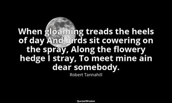 When gloaming treads the heels of day And birds sit cowering on the spray, Along — Robert Tannahill