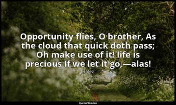 Opportunity flies, O brother, As the cloud that quick doth pass; Oh make use of  — Hafez