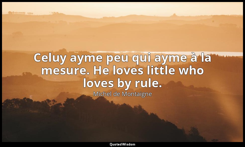 Celuy ayme peu qui ayme à la mesure. He loves little who loves by rule. — Michel de Montaigne