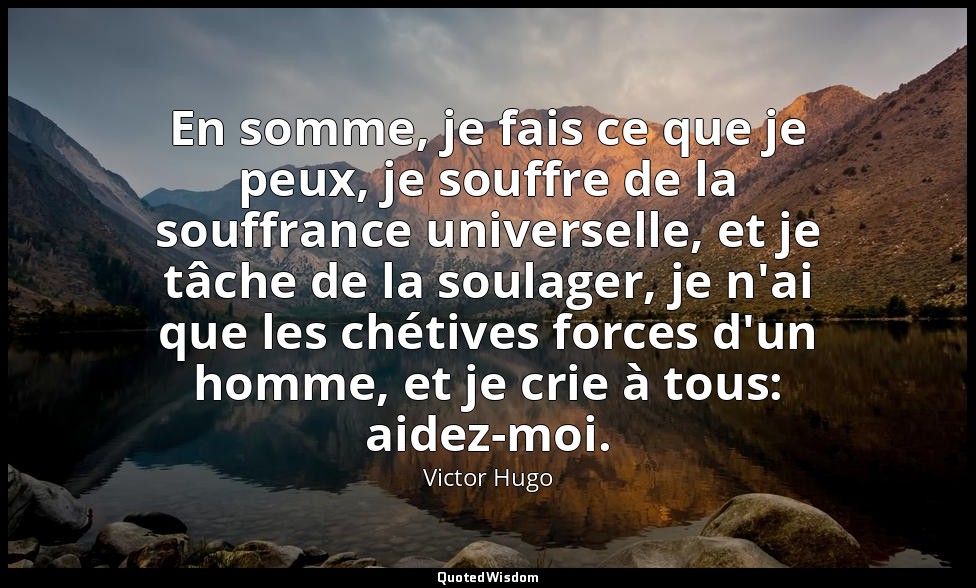 En somme, je fais ce que je peux, je souffre de la souffrance universelle, et je — Victor Hugo