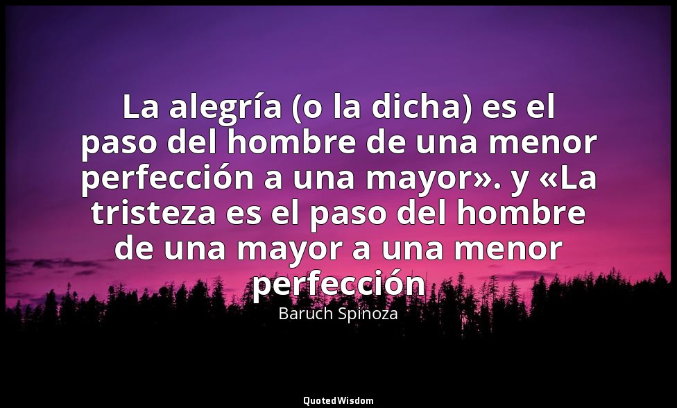 La alegría (o la dicha) es el paso del hombre de una menor perfección a una mayo — Baruch Spinoza
