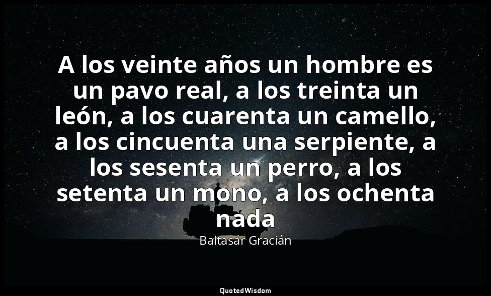 A los veinte años un hombre es un pavo real, a los treinta un león, a los cuaren — Baltasar Gracián
