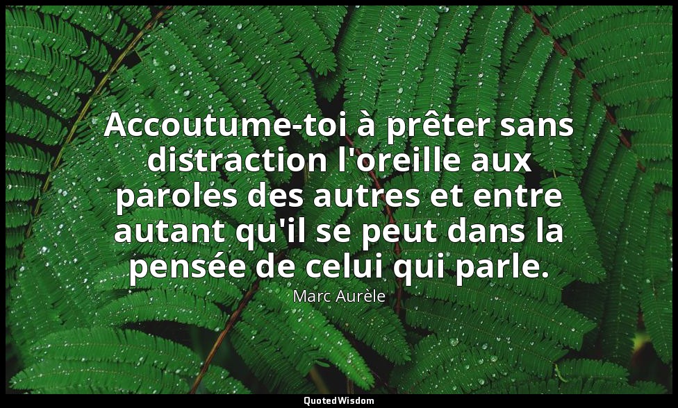 Accoutume-toi à prêter sans distraction l'oreille aux paroles des autres et entr — Marc Aurèle