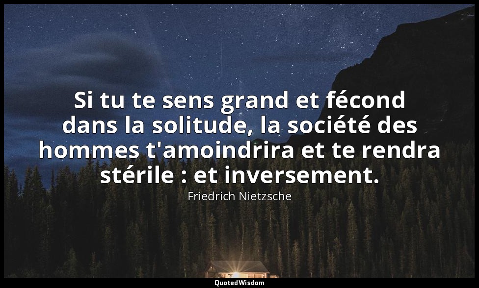 Si tu te sens grand et fécond dans la solitude, la société des hommes t'amoindri — Friedrich Nietzsche