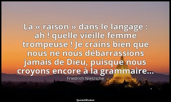 La « raison » dans le langage : ah ! quelle vieille femme trompeuse ! Je crains  — Friedrich Nietzsche