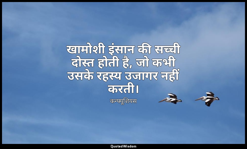 खामोशी इंसान की सच्ची दोस्त होती है, जो कभी उसके रहस्य उजागर नहीं करती। — कन्फ्यूशियस