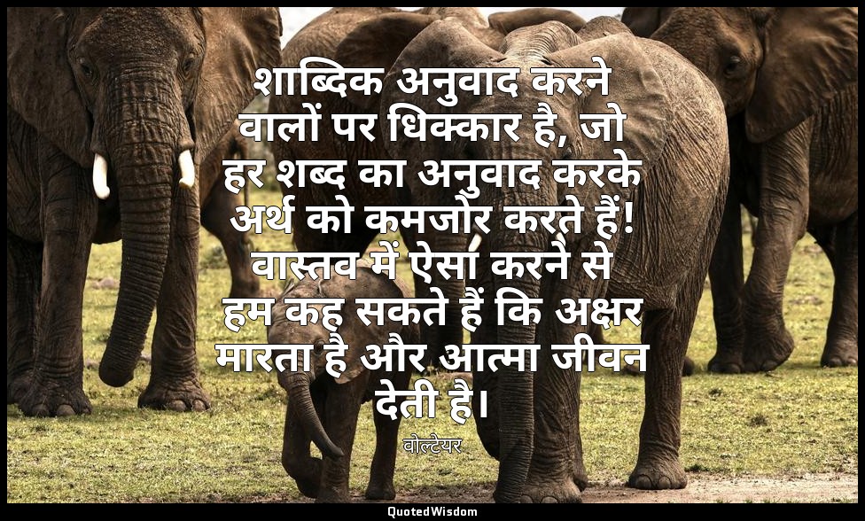 शाब्दिक अनुवाद करने वालों पर धिक्कार है, जो हर शब्द का अनुवाद करके अर्थ को कमजोर — वोल्टेयर