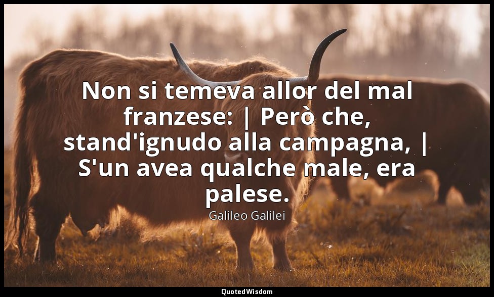Non si temeva allor del mal franzese: | Però che, stand'ignudo alla campagna, |  — Galileo Galilei