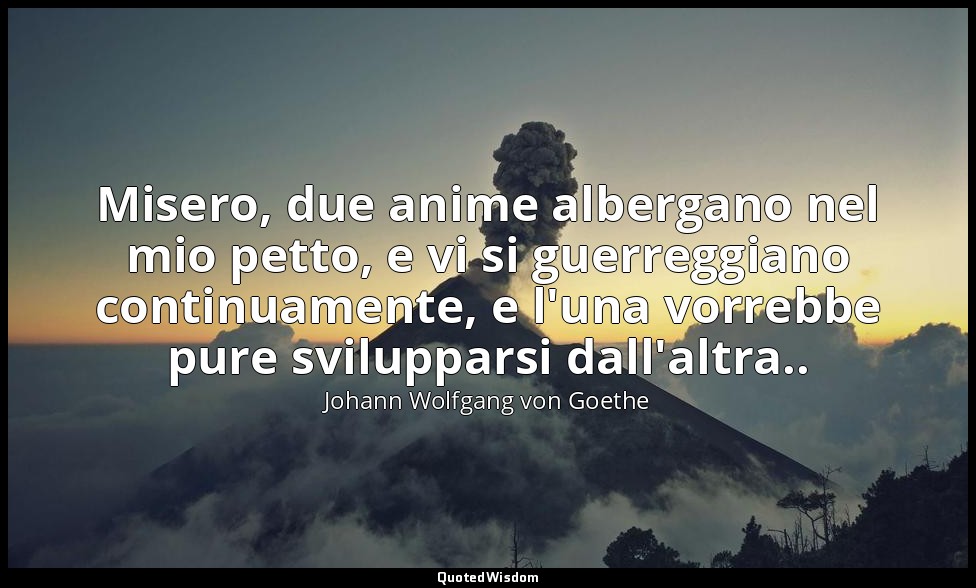 Misero, due anime albergano nel mio petto, e vi si guerreggiano continuamente, e — Johann Wolfgang von Goethe