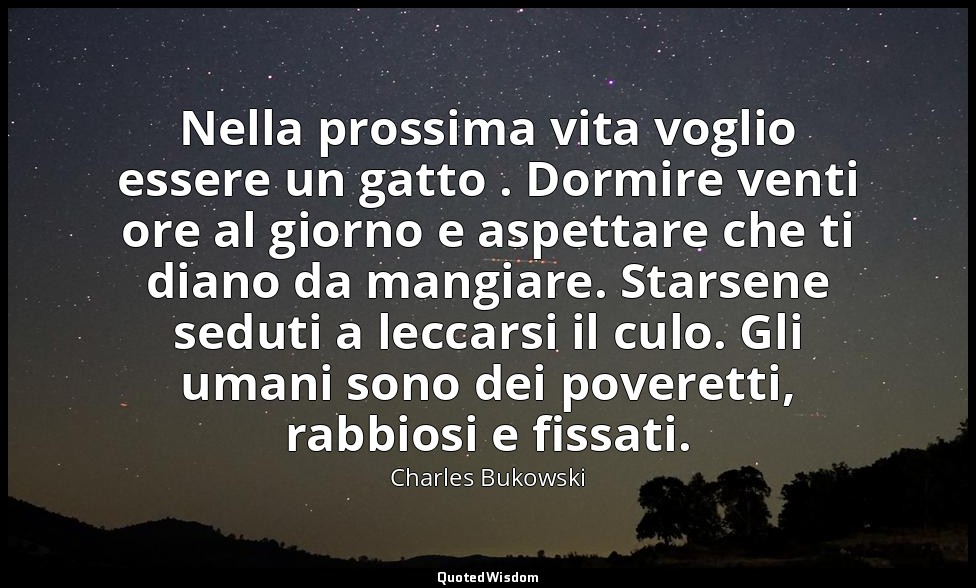 Nella prossima vita voglio essere un gatto . Dormire venti ore al giorno e aspet — Charles Bukowski
