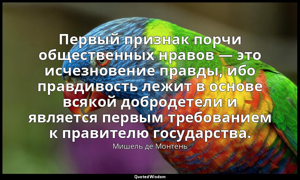 Первый признак порчи общественных нравов — это исчезновение правды, ибо правдиво — Мишель де Монтень