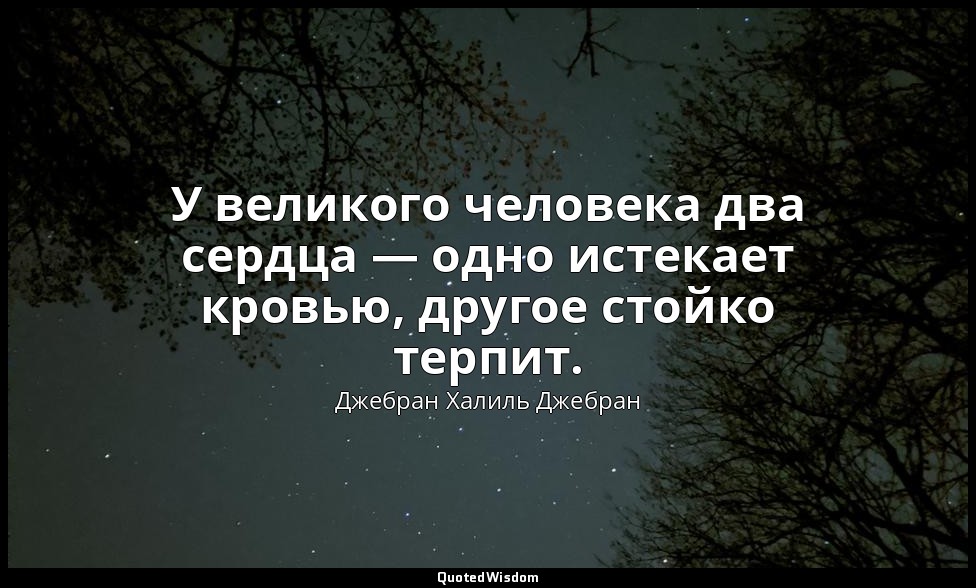 У великого человека два сердца — одно истекает кровью, другое стойко терпит. — Джебран Халиль Джебран