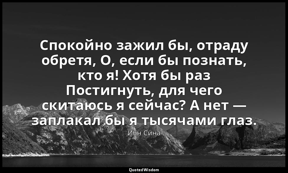 Спокойно зажил бы, отраду обретя, О, если бы познать, кто я! Хотя бы раз Постигн — Ибн Сина