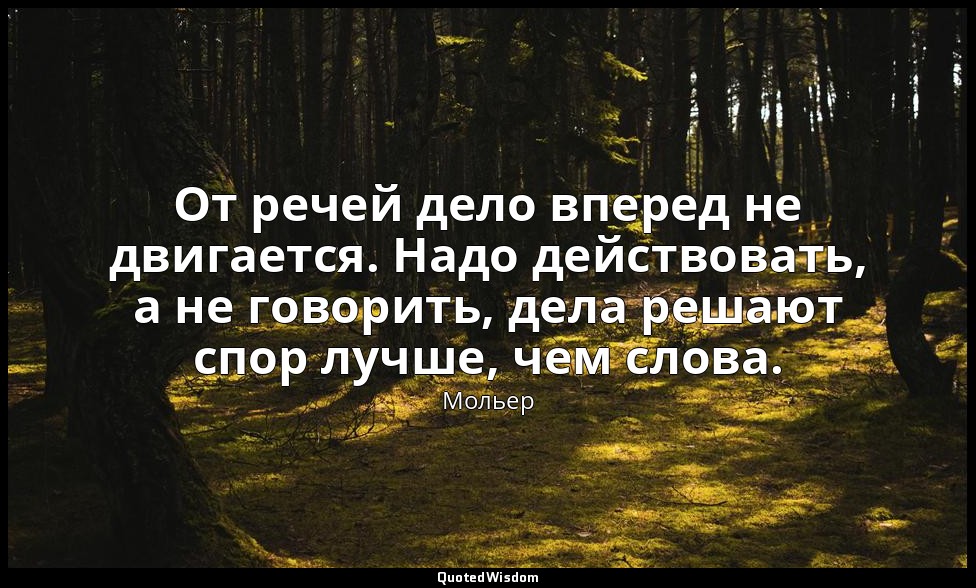 От речей дело вперед не двигается. Надо действовать, а не говорить, дела решают  — Мольер