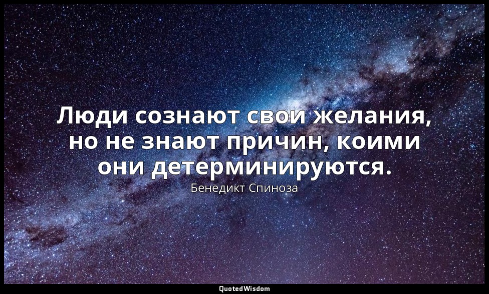 Люди сознают свои желания, но не знают причин, коими они детерминируются. — Бенедикт Спиноза