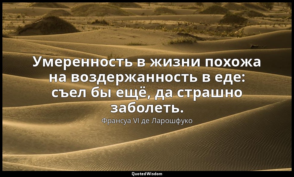 Умеренность в жизни похожа на воздержанность в еде: съел бы ещё, да страшно забо — Франсуа VI де Ларошфуко