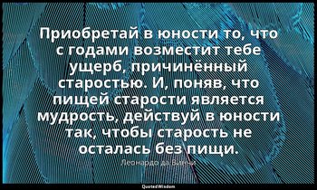 Приобретай в юности то, что с годами возместит тебе ущерб, причинённый старостью — Леонардо да Винчи