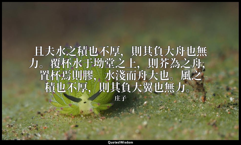 且夫水之積也不厚，則其負大舟也無力。覆杯水于坳堂之上，則芥為之舟，置杯焉則膠，水淺而舟大也。風之積也不厚，則其負大翼也無力。 — 庄子
