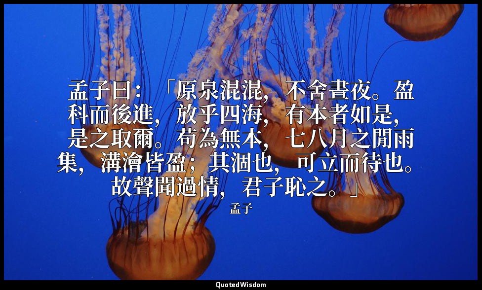 孟子曰：「原泉混混，不舍晝夜。盈科而後進，放乎四海，有本者如是，是之取爾。苟為無本，七八月之閒雨集，溝澮皆盈；其涸也，可立而待也。故聲聞過情，君子恥之。」 — 孟子