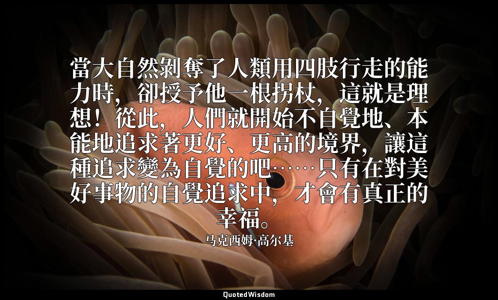 當大自然剝奪了人類用四肢行走的能力時，卻授予他一根拐杖，這就是理想！從此，人們就開始不自覺地、本能地追求著更好、更高的境界，讓這種追求變為自覺的吧……只有在對美 — 马克西姆·高尔基