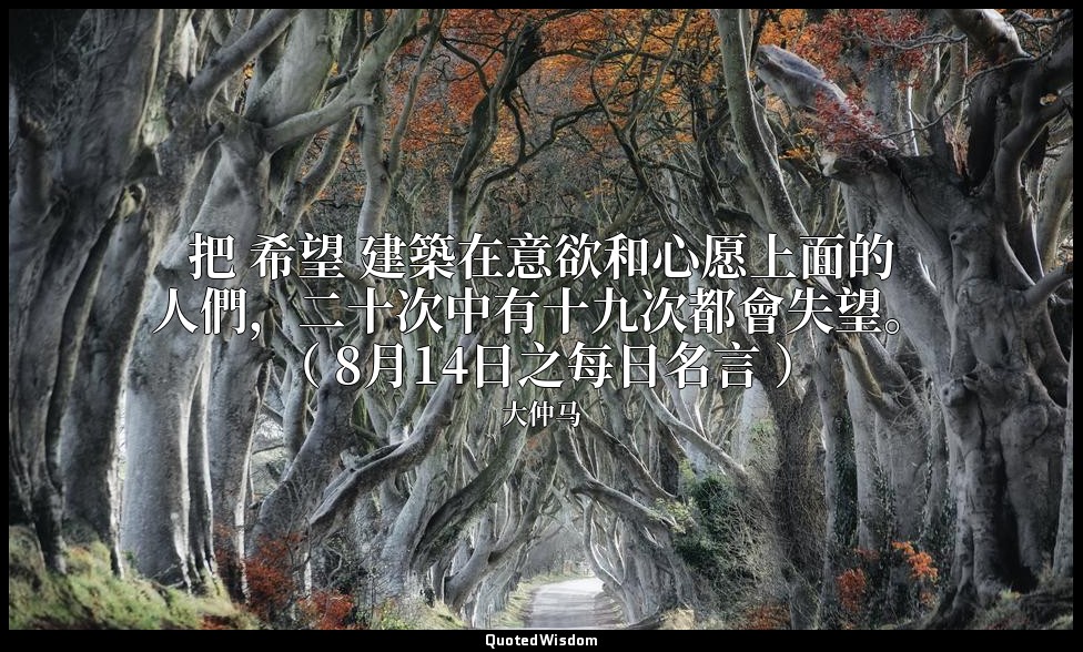 把 希望 建築在意欲和心愿上面的人們，二十次中有十九次都會失望。 （ 8月14日之每日名言 ） — 大仲马