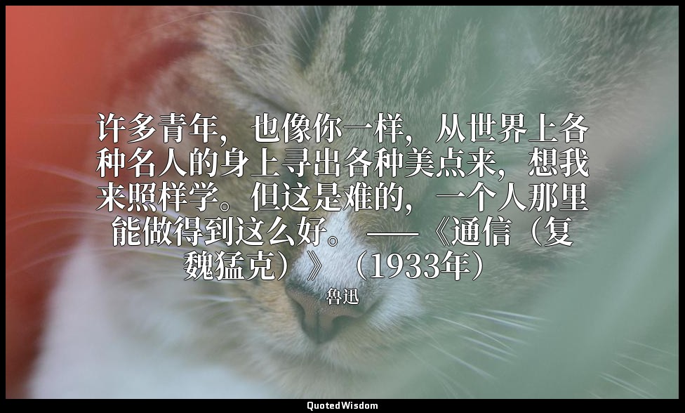 许多青年，也像你一样，从世界上各种名人的身上寻出各种美点来，想我来照样学。但这是难的，一个人那里能做得到这么好。 ——《通信（复魏猛克）》（1933年） — 魯迅