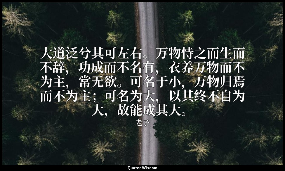 大道泛兮其可左右。万物恃之而生而不辞，功成而不名有，衣养万物而不为主，常无欲。可名于小，万物归焉而不为主；可名为大，以其终不自为大，故能成其大。 — 老子