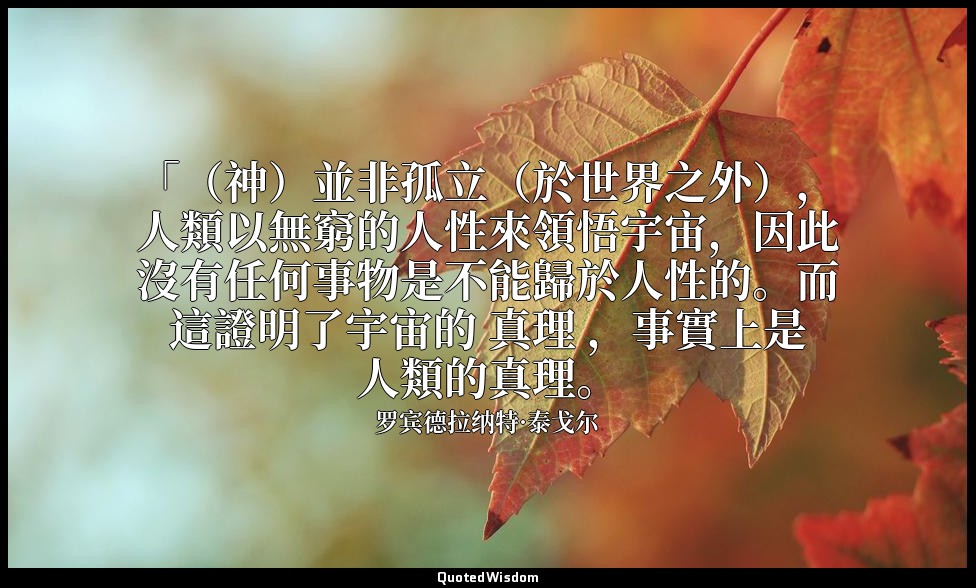 「（神）並非孤立（於世界之外），人類以無窮的人性來領悟宇宙，因此沒有任何事物是不能歸於人性的。而這證明了宇宙的 真理 ，事實上是人類的真理。 — 罗宾德拉纳特·泰戈尔
